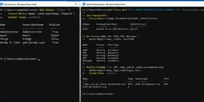 PowerShell terminal windows showing Active Directory account review and domain controller DNS health validation