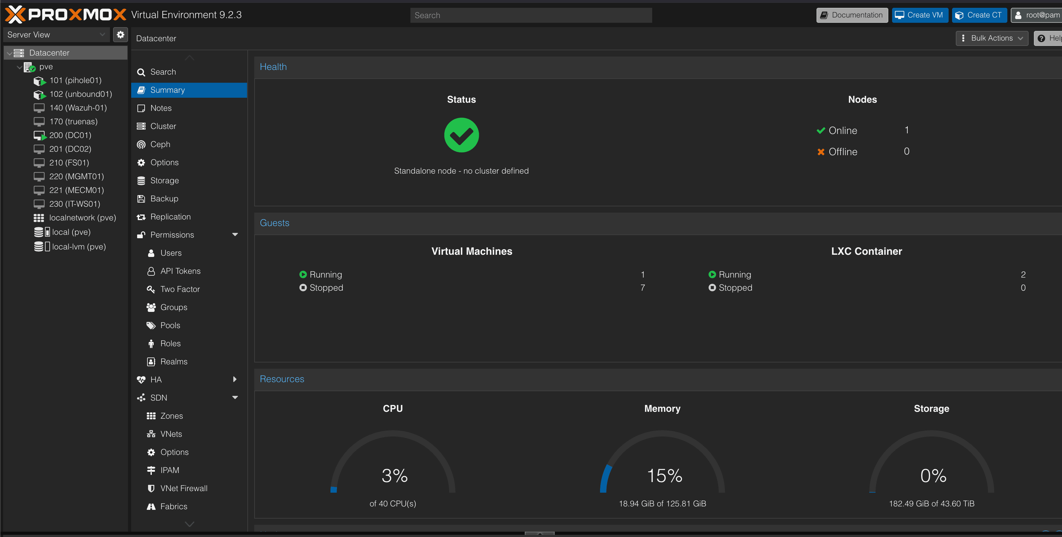 Proxmox VE datacenter dashboard showing virtual machines and containers