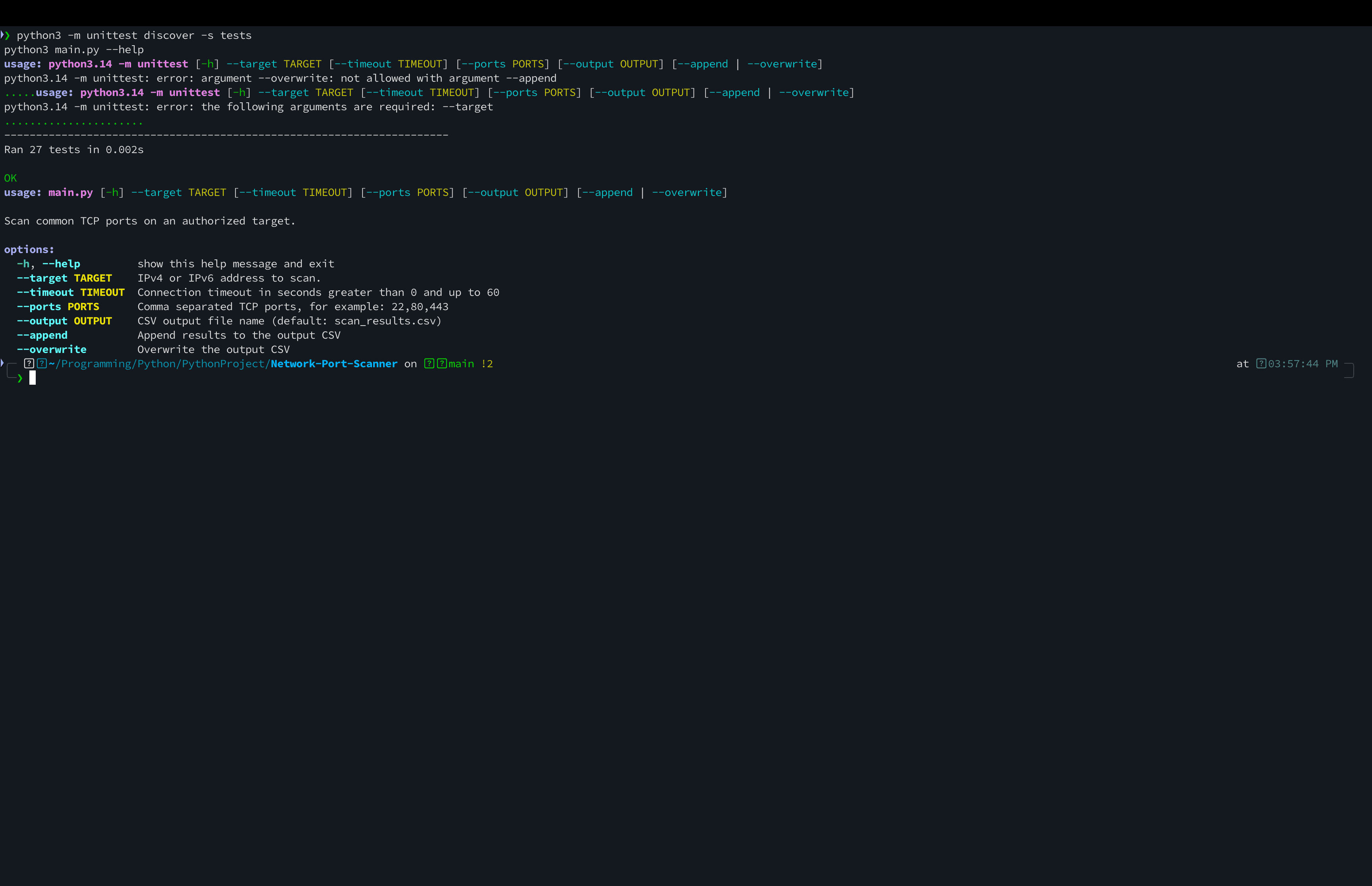Terminal output of `python3 main.py --help` listing the scanner's command-line options